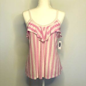 OLD NAVY M Pink and White Striped Linen Ruffled Tank Top NWT Summer Party Wear